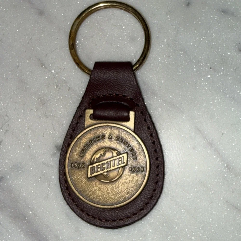 Vintage Bechtel Keychain Centennial 1898-1998 Building A Century Brass Leather